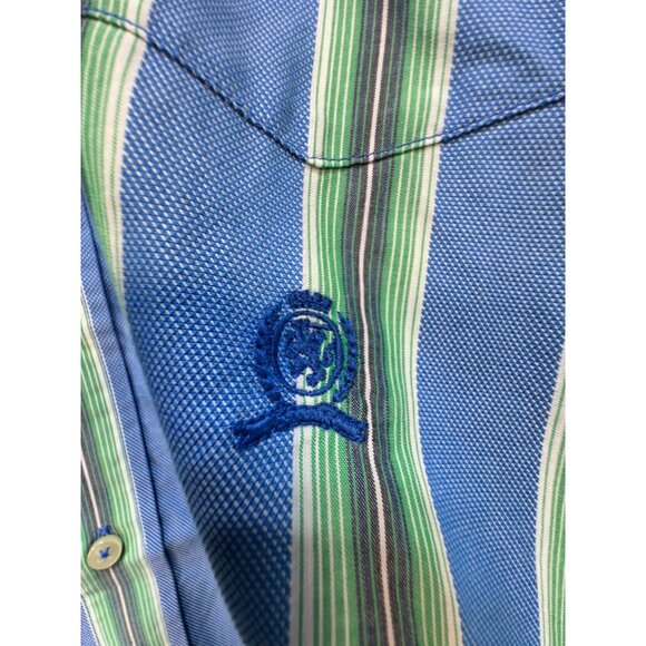 Tommy Hilfiger 80's 2 Ply Fabric Mens Button Up Shirt Size XXL Blue Green Stripe - Picture 4 of 12